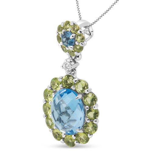 18k White Gold 0.05 Cttw Round Diamond and Blue Topaz and Green Peridot Gemstone Halo Drop 18" Pendant Necklace (F-G Color, VS1-VS2 Clarity)-1