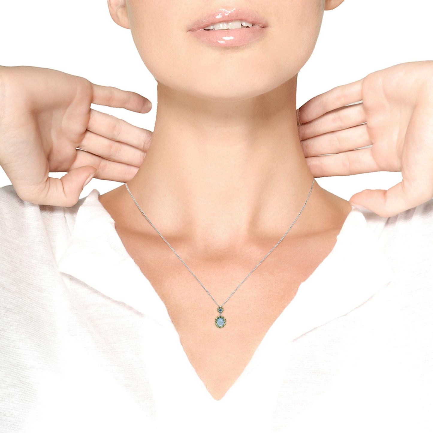 18k White Gold 0.05 Cttw Round Diamond and Blue Topaz and Green Peridot Gemstone Halo Drop 18" Pendant Necklace (F-G Color, VS1-VS2 Clarity)-4