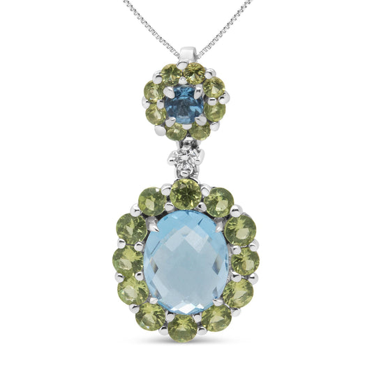 18k White Gold 0.05 Cttw Round Diamond and Blue Topaz and Green Peridot Gemstone Halo Drop 18" Pendant Necklace (F-G Color, VS1-VS2 Clarity)-0