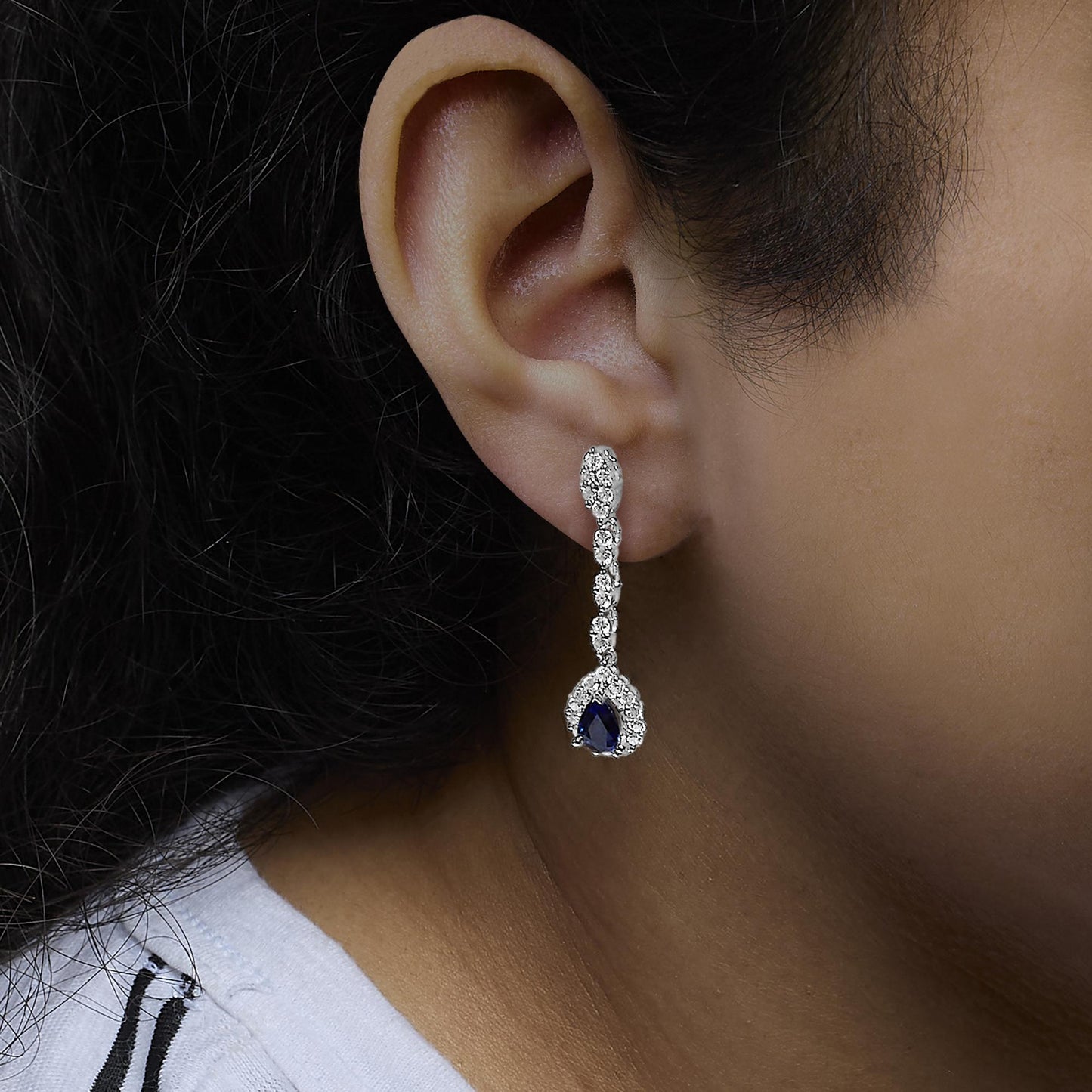 18K White Gold 1 3/5 Cttw Diamond and 7X5 MM Pear Shaped Blue Sapphire 1 1/3 Inch Drop and Dangle Halo Earrings (G-H Color, VS1-VS2 Clarity)-3