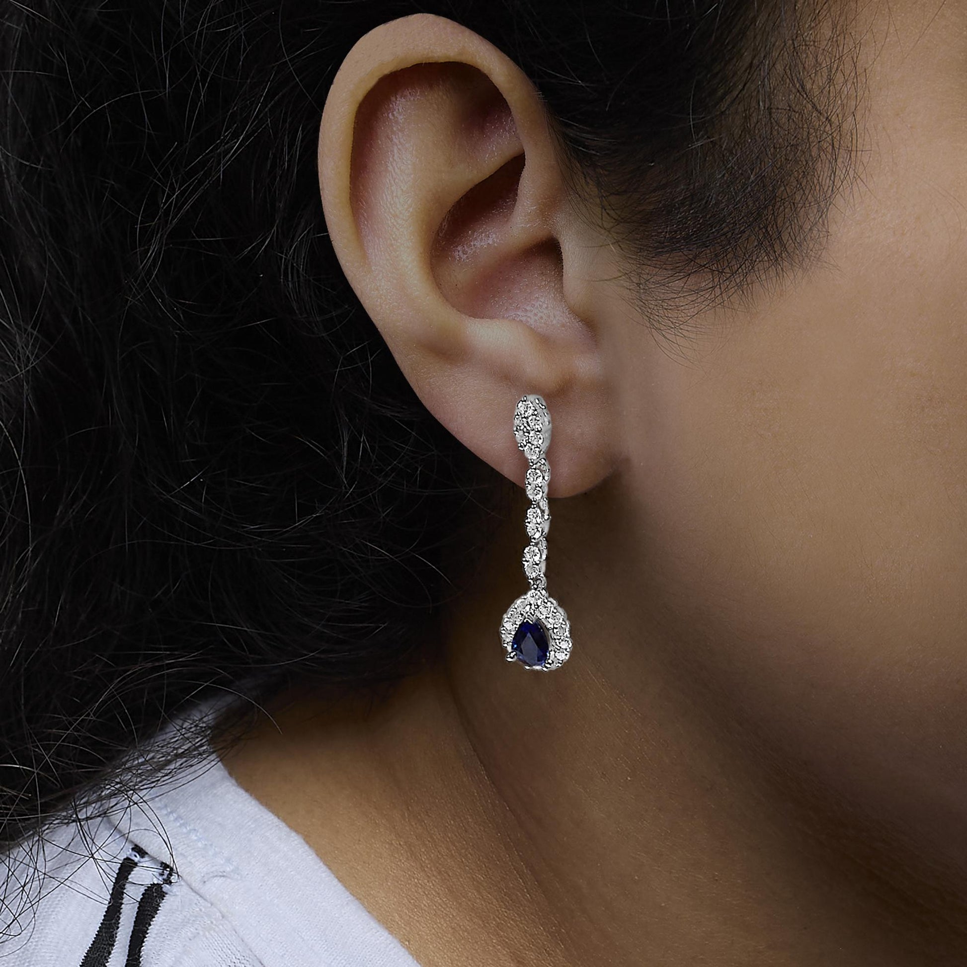 18K White Gold 1 3/5 Cttw Diamond and 7X5 MM Pear Shaped Blue Sapphire 1 1/3 Inch Drop and Dangle Halo Earrings (G-H Color, VS1-VS2 Clarity)-3
